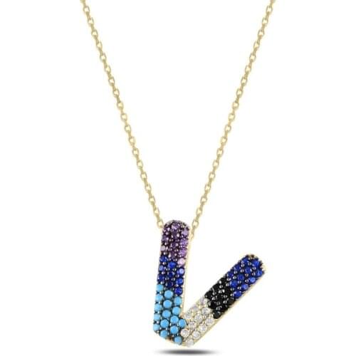 Silver 925 Set-V-Letter Colorful Zircon Stone Ghost Pendant