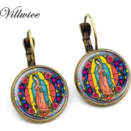 Our Lady of Guadalupe Earrings Virgin Mary Sacred Heart Religious Stained Glass Bezel Art Fashion Handmade Crystal Jewelry