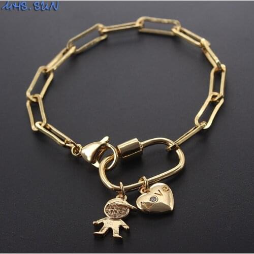 MHS.SUN 1PC Newest Fashion Chunky Chain Bracelet New Design Boy&Heart Pendant Bracelet DIY Copper Bangle For Christmas Gift