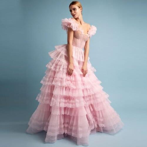 Light Pink Tiered Prom Dresses 2021 Off Shoulder Puffy Formal Evening Party Dress vestidos de gala