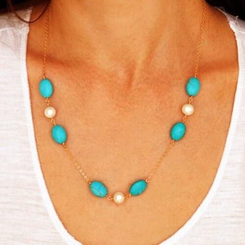 Vintage Fashion Gem Stone Green Turquoises Choker Necklace Girlfriend Gift Necklace Copper Chain Necklaces Jewelry Gifts
