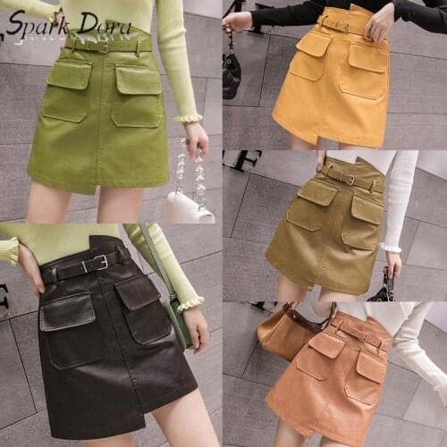 SparkDora 5-color Irregular Pocket Leather Skirt 2020 Autumn And Winter High Waist With Belt Wrap Hip Pu Skirt Skirt Skirt