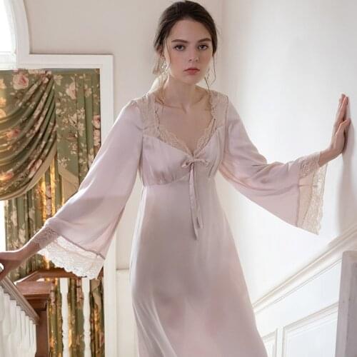 Summer Romantic Nightgown Nightwear Loose Elegant Princess Women Vintage Long Sleeve V-Neck Sleepwear Satin