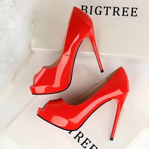 Women Shoes Pointed Toe Pumps 12CM Thin Heels Wedding Dress Waterproof platform Patent leather Fish mouth High Heels Boat Shoes