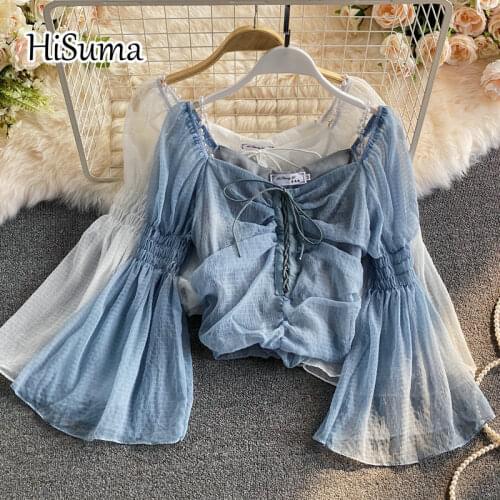 2021 summer new female strap square collar flare sleeve Drawstring chiffon shirts women elegant lace-up blouses chic shirt