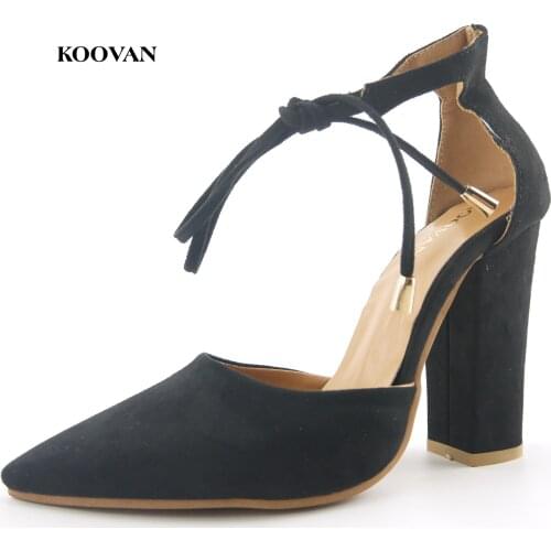 Koovan Women High Heel Sandals 2017 New Pointed Suede Thick Heels Lace Womens Shoes Pumps Strap Fashion Scrub Larger Size 34-43