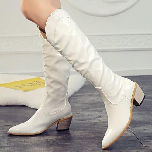 2021 Women Knee High Boots Sexy Pointed Toe Western Cowboy Boots Winter Brand Patent Leather Women Mid-calf Chunky Wedge Boots