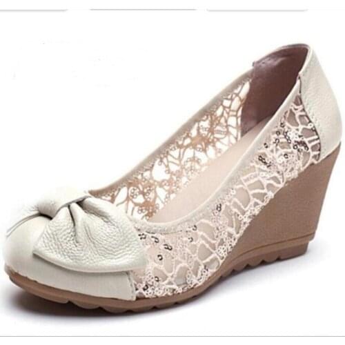 2020 New Fashion High heels Women Pumps Genuine Leather Lace Ivory Ladies Wedge Shoes Sandal