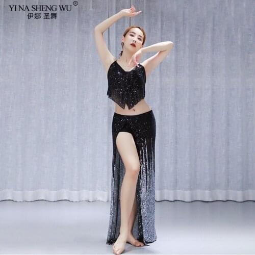 New Women Sequin Shinny Costumes Belly Dance Sexy 2 Piece Set Top Mermaid Skirt Performance Practice Clothing Stage Show Clothes