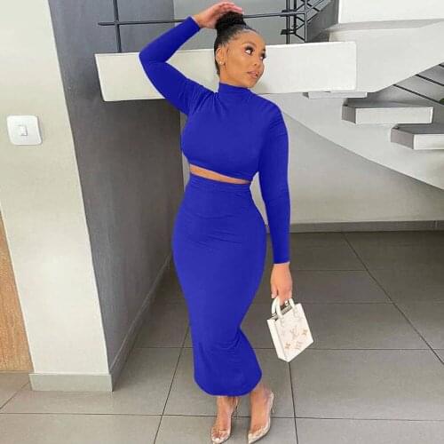 Autumn Winter Two Piece Dress Set Womens Tracksuit Long Sleeve Turtleneck Crop Top and High Waist Bodycon Maxi Skirt Outfits