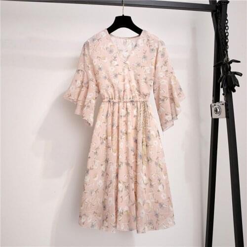 Women Dress Summer Chiffon Sweet Ruffle Sleeeve Knee Length V-Neck Print DressesSlim Casual Drawstring Vestidos Robe