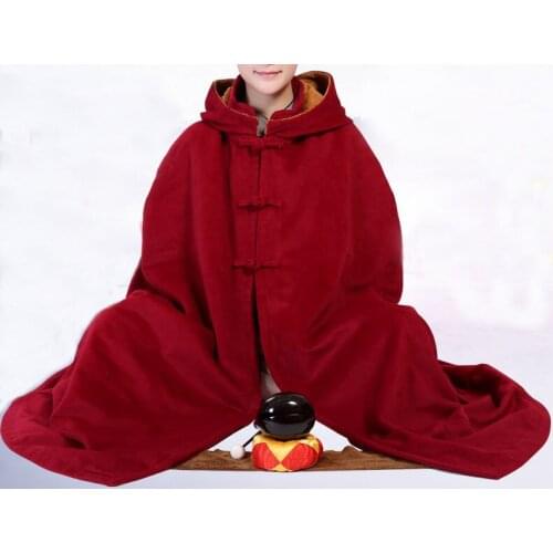 Unisex winter cape Buddhism suit shaolin monks martial arts coat meditation cloak lay abbot nun warm robe dark red