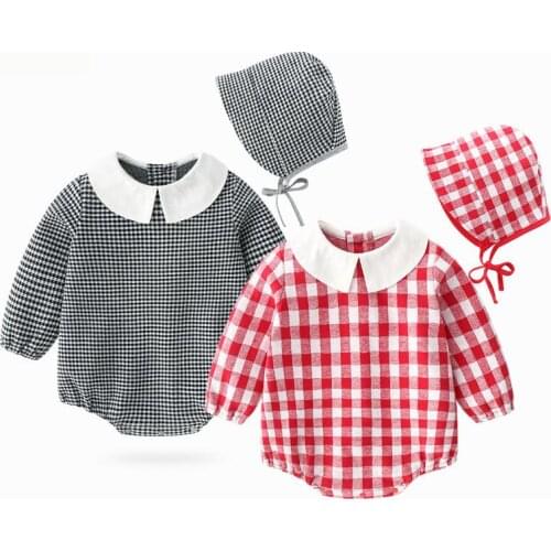 2021 New Baby Girls Clothes Infant Bodysuits Plaid Long Sleeve Peter Pan Collar Outwear Playsuits Hats Set girl Suits For 0-18M