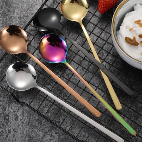 304 Stainless Steel Spoon Creative Spoon Ice Cream Dessert Round Spoon Long Handle Korean Soup Spoon Kitchen Gadget