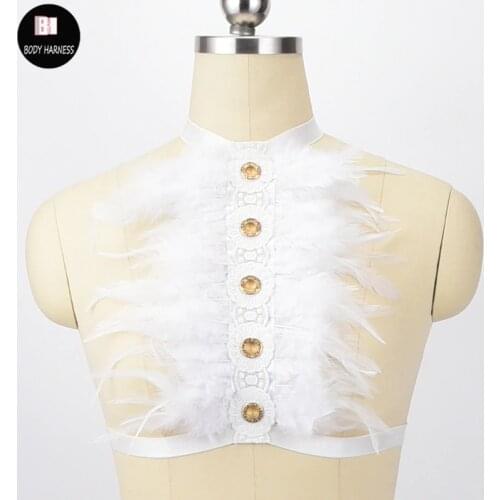 BODY HARNESS White Feather Bondage Body Harness White Lace Feather Wing Angel Gothic Delicate Cage Bra Collar