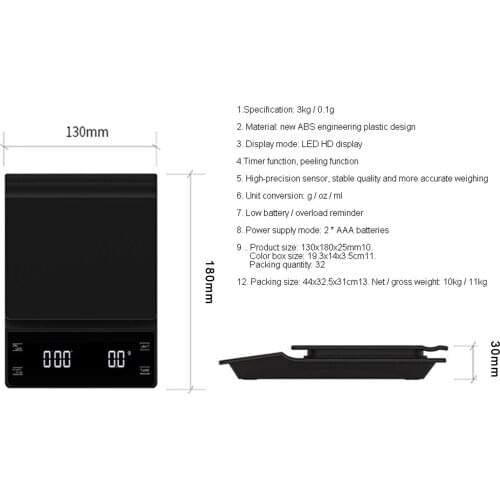 Household Electronic 3kg/0.1g Coffee Scale with Timer High Precision LED