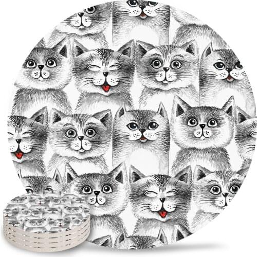 Black And White Cat Placemat Ceramic Drink Coasters Table Decoration Absorbent Moisture