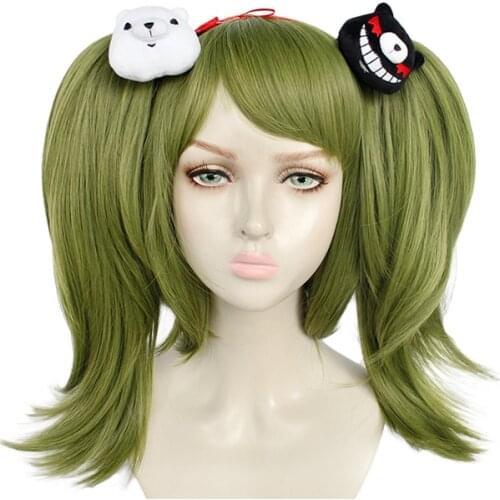 Danganronpa Another Episode:ultra Despair Monaca Towa Wig Cosplay Costume Dangan Ronpa Green Short Clip Ponytails Hair Wigs