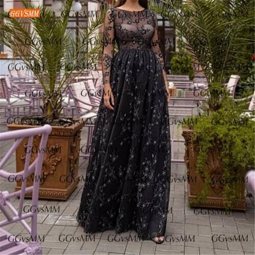 Elegant Black Prom Dresses 2021 robe de bal femme longue Long Sleeves Lace платье на выпускной Custom Made Formal Party Gowns