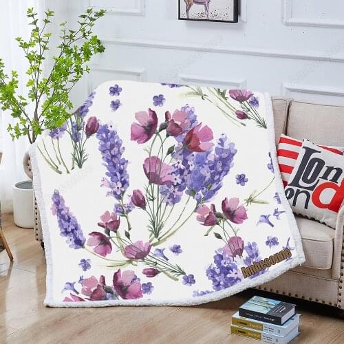 Wildflower Lavender Flower Pattern In A Watercolor Style Sherpa Fleece Blanket Bedding Custom Blanket Blanket