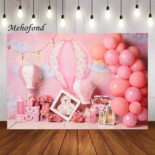 Mehofon Pink Hot Air Balloon Party Photography Background Adventure Travel Girl Baby Shower Birthday Decor Backdrop Photo Studio