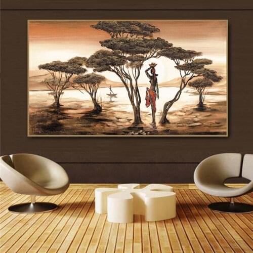 African Woman In The Woods Canvas Painting Classical Sunset Landscape Wall Art Posters and Prints Cuadros Home Decor Pictures