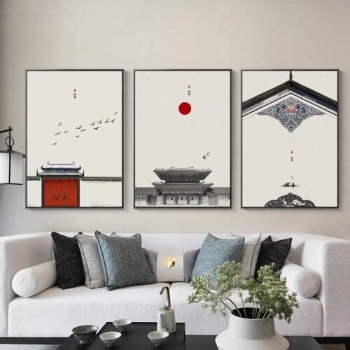 Chinese style Classical Architecture Building Red Sun Wall Art Canvas Painting Posters And Prints Wall Pictures For Living Room