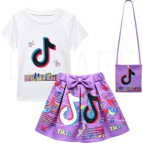 TIK TOK Girls Clothes Set 3 pcs Suits Short T Shirt + Skirt +Bag Princess Bow Dress Sets Cartoon Girls Party Clothes Set