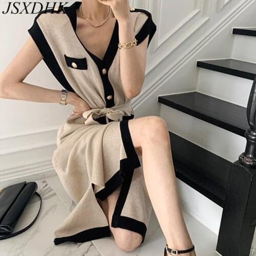 JSXDHK Fashion Chic Summer Tank Sweater Dress Elegant Sleeveless Hit Color Knitted Thin Metal Single Breasted Lace Up Long Dress