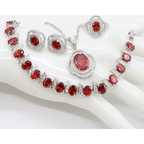 XUTAAYI Fashion Chevron Shape Oval Red Cubic Zirconia Stone Engagement Jewelry Set For Women Sterling Silver Color