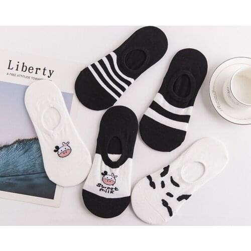 Socks Woman Cow Stripes Spot Cotton Invisible Summer Boat No Show Socks Women Black White Short Low Cut Slippers Silicone Socks