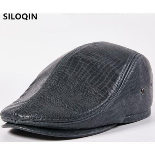 SILOQIN New Autumn Winter Thermal Earmuffs Hat Natural Genuine Leather Caps Mens Plus Velvet Warm Berets Sheepskin Leather Hats