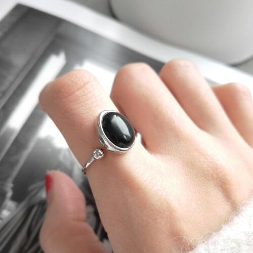 Punk Authentic S925 Sterling Silver Fine Jewelry Polished Lucky Round Bead & Black Agate Stone Open rings adjust J404