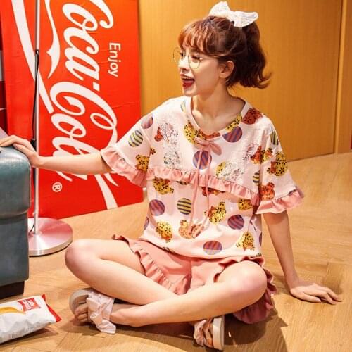 Women Summer Pajamas Cotton Lovely Sleepwear Set 2021 New Printed Shorts Girl Loose Casual Short Sleeve Tops Pajama Home Clothes