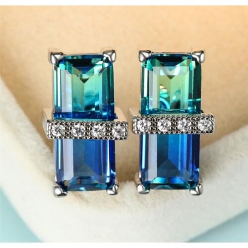 Simple Female Blue Green Crystal Earrings Rose Gold Silver Color Stud Earrings Charm Rainbow Square Wedding Earrings For Women