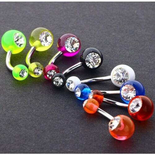 Transparent acrylic belly ring clear crystal double gem mix colors navel bar body piercing jewelry bell button rings 10pcs/lots