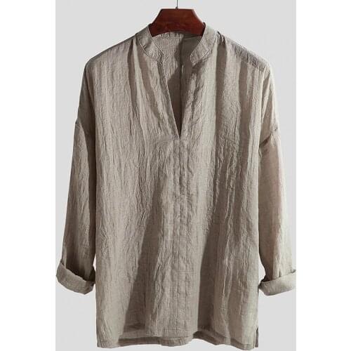 New Simple Casual Men Shirt Fashion Solid Color Breathable Loose Shirt Stand Collar Linen Shrink Resistant Blouse for Office