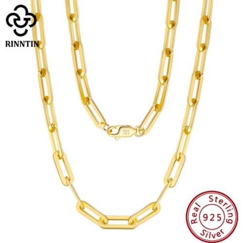 Rinntin Fashion Paperclip Chain Link Necklace 925 Sterling Silver 14k Gold Plated Chain Necklaces for Women Men Jewelry SC39