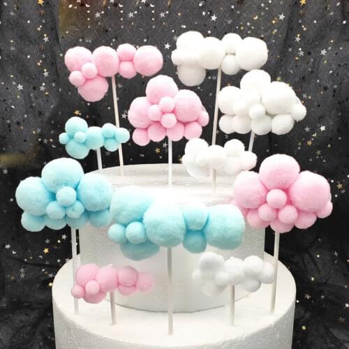 5PCS Pompom Cloud Cake Topper Happy Birthday Party DIY Cake Cupcake Decoration for Cake Topper Baby Shower Party Decoration