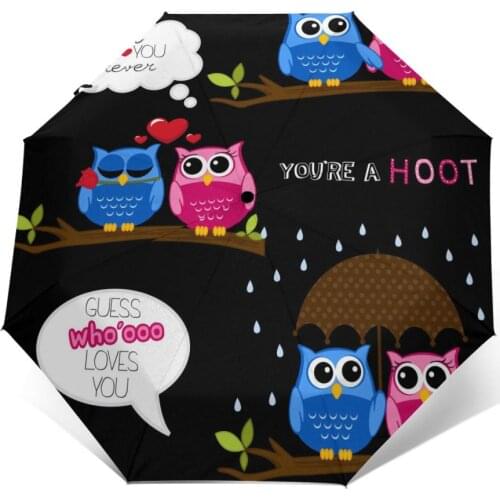 Wind Resistant Fully-Automatic Umbrella Cute Owl Love Rain 3 Folding Parasol Travel Car Umbrella