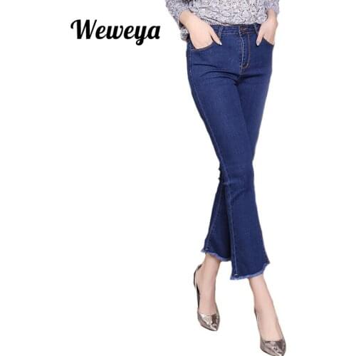 Weweya Stretch Elastic Blue Flare Jeans Women Ankle-Length Stretch Bell Bottoms Jeans For Girls Trousers Women Jeans Plus Size