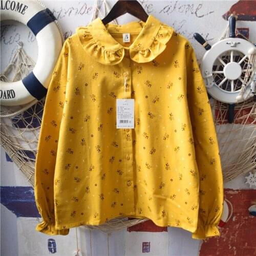Japan Style Mori Girl Cute Ant Print Ruffled Peter Pan Collar Cotton Loose Long Sleeve Shirt Women Blouse