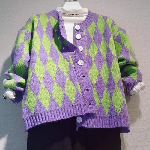 Vintage Geometric Green Purple Argyle Plaid Sweater Cardigans Women Long Sleeve Knit Crop Top Korean Cute Ulzzang Sweaters 2020