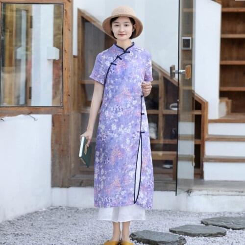 Johnature Women Chinese Style Cheongsam Stand Short Sleeve Dress 2021 New Summer Print Floral Ramie High Quality Women Dresses