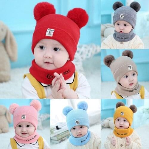 2 Pieces Baby Beanies Cap Set Baby Kid Solid Color Plush Ball Baby Girls Hat And Scarf Set Winter Warm Caps For Boys Newborn Hat