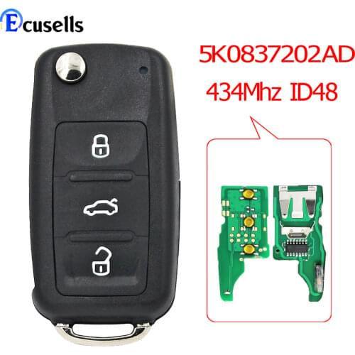 3 Button Remote 434Mhz ID48 Chip Car Key For Volkswagen VW Caddy Beetle Jetta Eos Golf Polo Hella 5K0837202AD