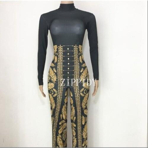 Shining Gold Leaves Pattern women Jumpsuit Rhinestones One Piece Big Legs Stretch Costume Party Rompers Stage Singer Bodysuit