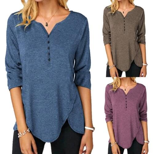 Blouse Female Casual Women Solid Color Long Sleeve Button T-Shirt V Neck Irregular Hem Shirt Ladies Shirts 2020 women Clothing