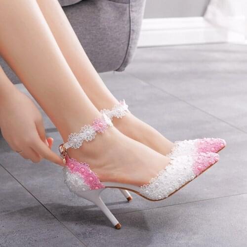 9cm pink white lace beaded high heel sandals stiletto large size white bridal wedding shoes female pointed sandals female