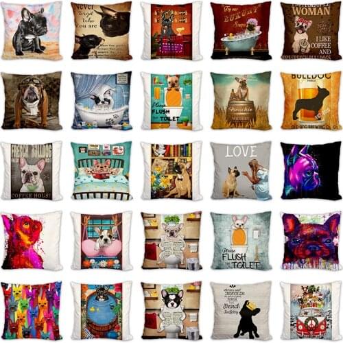 Nordic Art Posters Style Decorative Cushion Cover French Bulldog Water Color Fashion Animal Wearing Hat Sofa Throw Pillow Case
